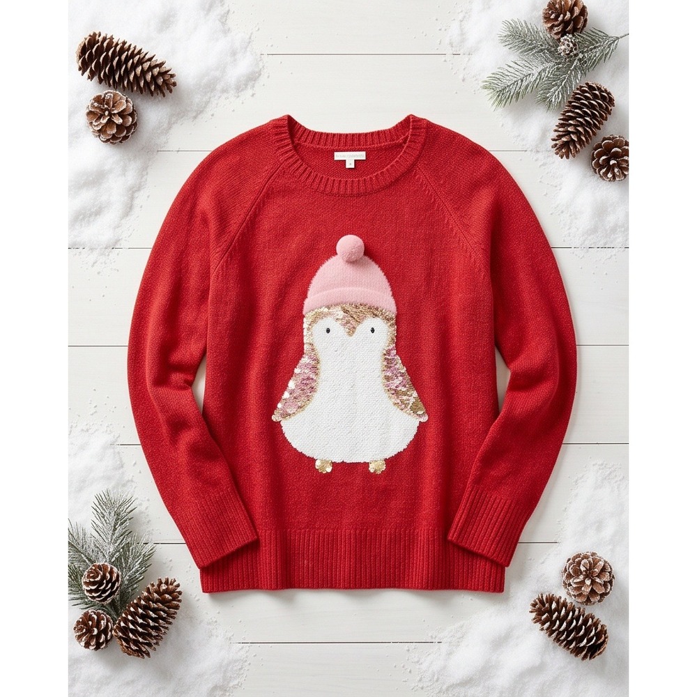 LC Lauren Conrad XXL Penguin Sequin Christmas Sweater Red Metallic